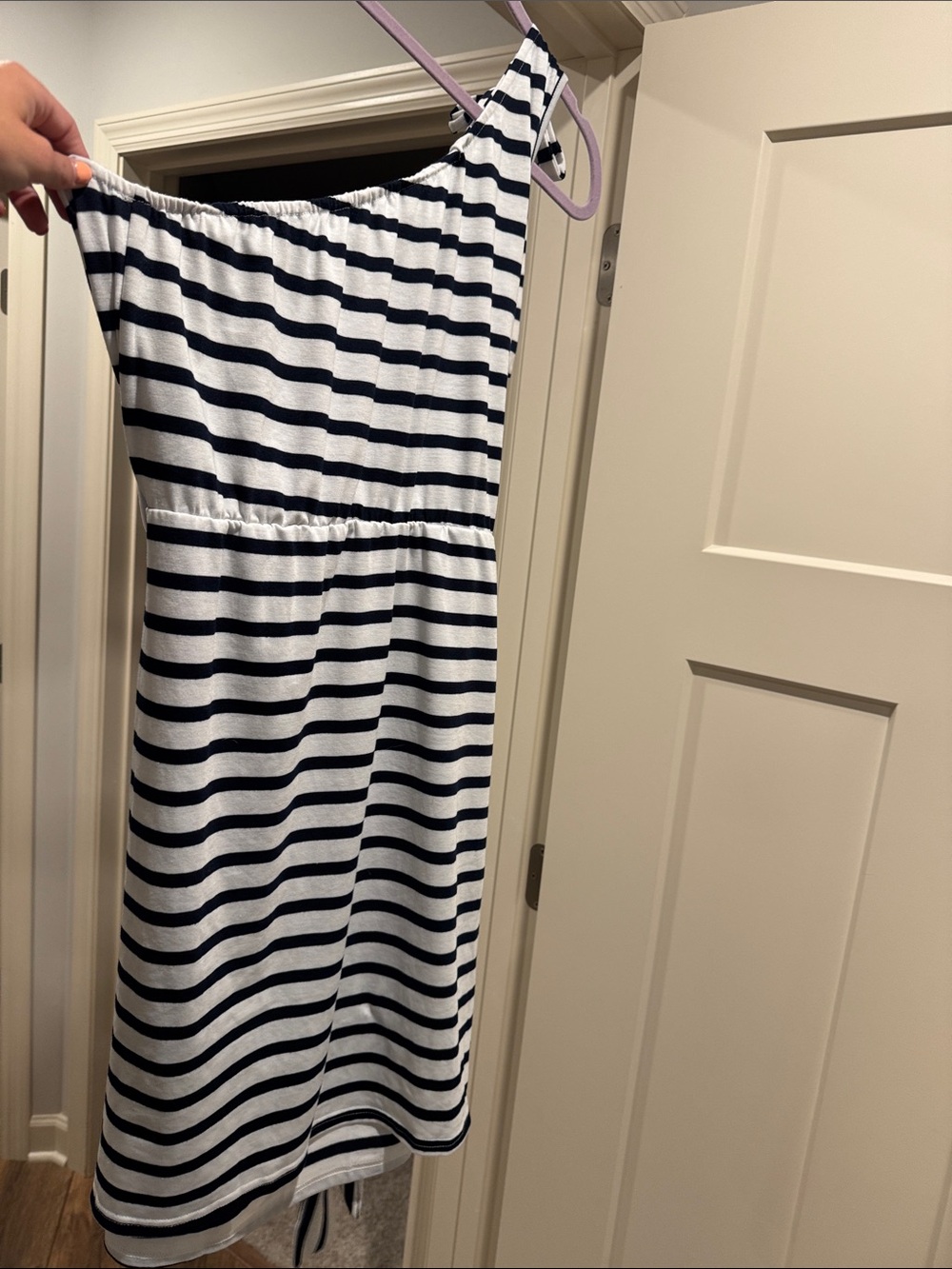 Striped Navy and White Elastic One Shoulder Dress
